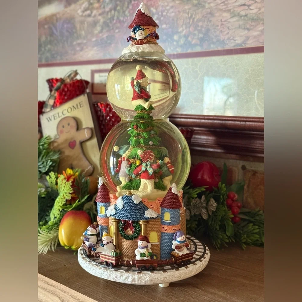 San Francisco Festive Double Snowman with Train Snow Globe Holiday Castle Decor